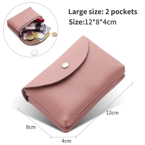 Detail of pink leather coin purse showing two large pockets and 12x8x4cm dimensions