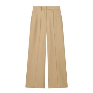 Women high waisted khaki wide leg suit trousers with front pleats on white background