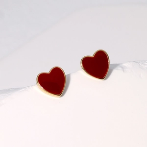 Elegant gold-plated stainless steel heart stud earrings in deep wine red enamel finish