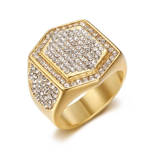 Luxury gold plated stainless steel hip hop signet ring with micro paved clear zircon stones