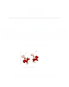 Detail of red rocking horse pendant earrings with white pearls and gold accents