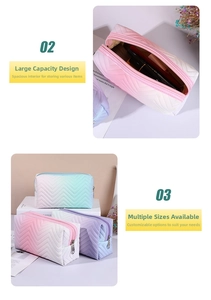 Macro shot of gradient quilted PU leather makeup bag with spacious interior and zipper