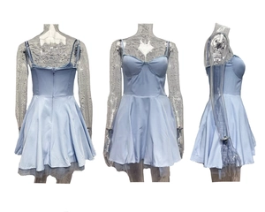Three-way view of light blue backless mini dress with satin bodice and mesh puff skirt