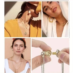 Detail of sunflower necklace clasp connector and multi-layer jewelry set on model