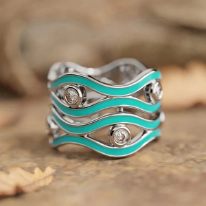 Golf Ring Koper Tiffany Blauw Emaille Verstrengelde Brede Band Zirkonia Ingelegd Punk Trendy Dames Sieraden