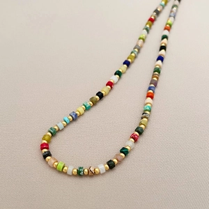 Bohemian colorful natural gemstone beaded necklace with gold metal beads for women