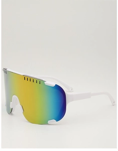 Macro detail of white sports cycling sunglasses with rainbow gradient mirror lenses