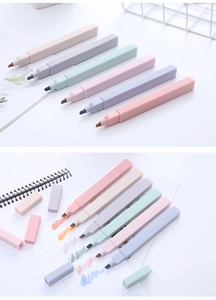 Detailed swatches of 6 Morandi color highlighters with hexagonal matte barrels on paper