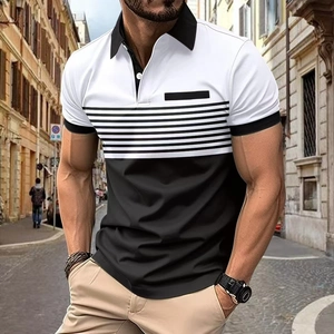 Men's breathable polo shirt with black and white color-block stripes and pocket detail