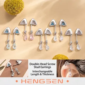 Titanium Steel Copper Zircon Cat Ear Cartilage Stud Earrings Water Drop Dangle Screw Back Piercing Jewelry For Women