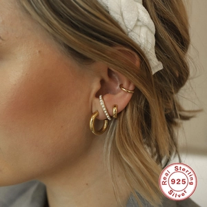 S925 Sterling Silver half moon pearl stud earrings and ear cuffs on female model