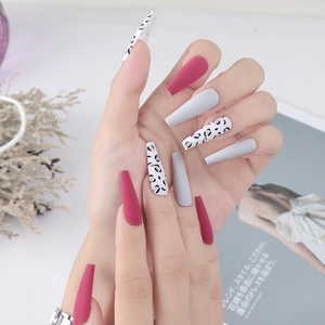 Matte Rose Red Leopard Print Long Ballerina Press On Nails Coffin Shape Fake Nails For Women Fashion Manicure