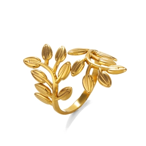 Minimalist gold leaf open ring with olive branch design and detailed vein engraving