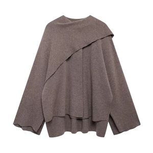 Manteau poncho en maille marron avec silhouette ample irrégulière et manches longues