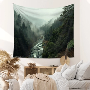 Nature wall tapestry featuring a misty forest and stream for bedroom home decor