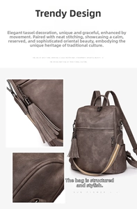 Close-up of vintage brown leather backpack details with fringe and striped strap