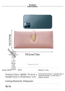 Detailed dimension guide showing the slim 19.5cm length of this matte long PU leather wallet
