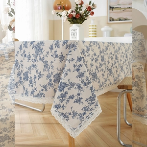 Elegant blue floral cotton linen tablecloth with delicate lace trim for home dining decor