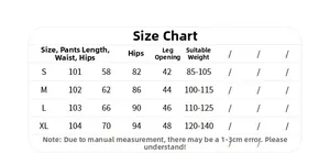 Size chart for high waist yoga pants including length, waist, hip, and cuff measurements