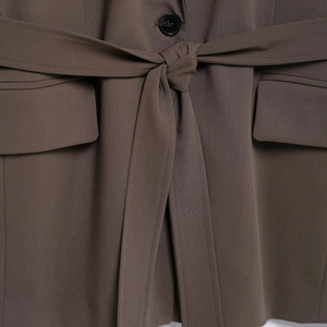 Women's professional coffee blazer featuring a waist tie design and side pockets detail