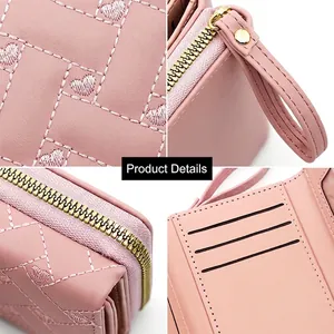 Pink heart embroidered tri-fold PU leather wallet for women with golden zipper details
