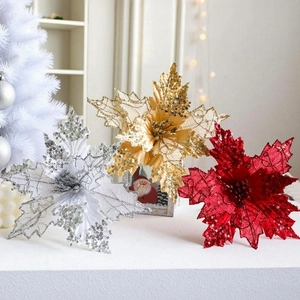 20cm glittering Poinsettia flower set in gold silver red for Christmas tree decor