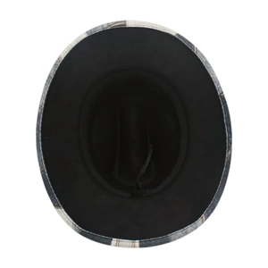 Detail of adjustable black cowboy hat interior with vintage grey plaid brim lining