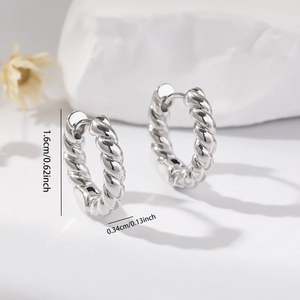Macro view of silver twisted hoop earrings showing 1.6cm diameter and 0.34cm width details