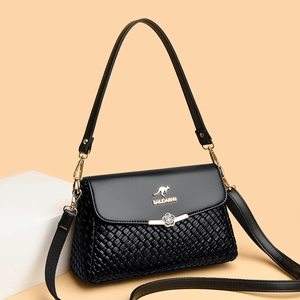 Women's black woven crossbody bag with gold kangaroo logo and floral metal buckle
