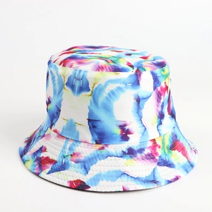 Detailed view of colorful tie-dye bucket hat with durable stitching and flat top design