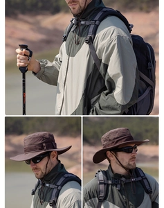Close-up of brown outdoor sun hat with breathable mesh and adjustable windproof cord