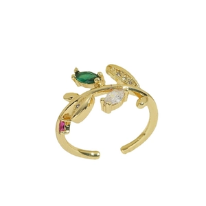 Minimalist 14K gold plated leaf ring with multi-color zircon marquise stones