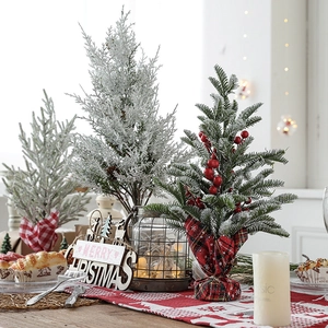 Mini Artificial Christmas Tree Snow Flocked Pine Cedar Pine Cones Red Berries Linen Base For Winter Holiday Home Decor