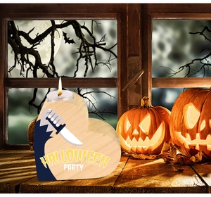Macro view of heart-shaped pine wood candle holder with Halloween Party slogan