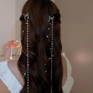 Détail de pinces à cheveux papillon argentées avec de longs pompons et perles
