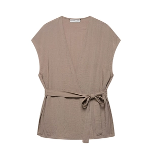 Canotta da Donna Estiva in Misto Lino Senza Maniche con Scollo a V e Vita Annodata e Pantaloni a Gamba Larga Streetwear Elegante Casual