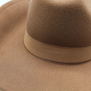 Dettaglio ravvicinato della trama in feltro marrone e del nastro abbinato sul cappello
