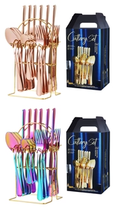 24-piece stainless steel cutlery set in rose gold and rainbow finishes with storage rack