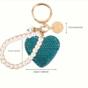 Portachiavi a cuore blu glitterato con perle e anello dorato con misure dettagliate