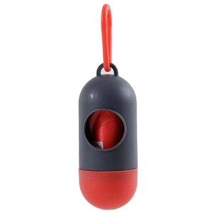 Gray and red capsule-shaped dog waste bag dispenser with carabiner on white background