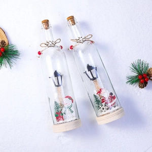 Christmas LED glass wishing bottle with Santa and Snowman miniatures on wooden base