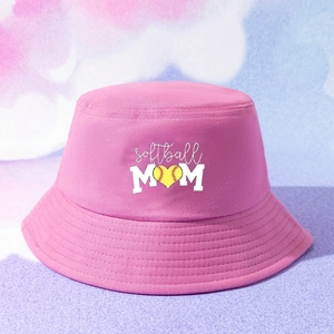 Pink cotton bucket hat with softball mom print and yellow heart softball graphic