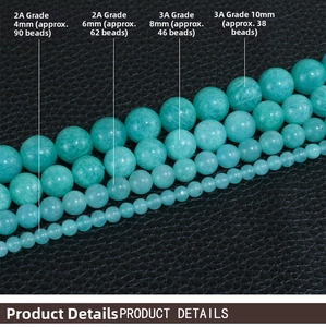 Macro comparison of light blue amazonite beads in 4mm, 6mm, 8mm, and 10mm sizes