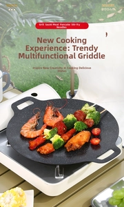 Macro shot of non-stick maifan stone grill pan on a portable stove with meat and vegetables