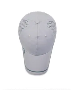 Top view of a grey quick-dry baseball cap with laser-cut ventilation holes