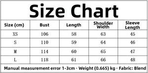 Size chart detail for women's zip-up jacket showing measurements in cm from XS to L