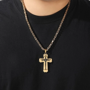 Men's gold-plated Byzantine chain necklace with double-layer cross pendant on model