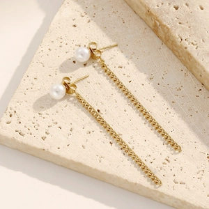 French style gold tassel earrings with pearls and stainless steel chain in a vertical drop