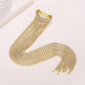 Elegant long tassel rhinestone ponytail clip with shimmering crystal chains in gold