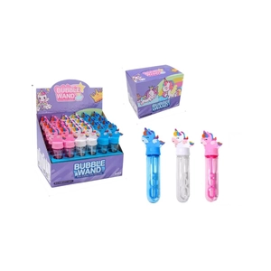 24-piece unicorn bubble wand set in colorful pink, blue, and white sticks with display box